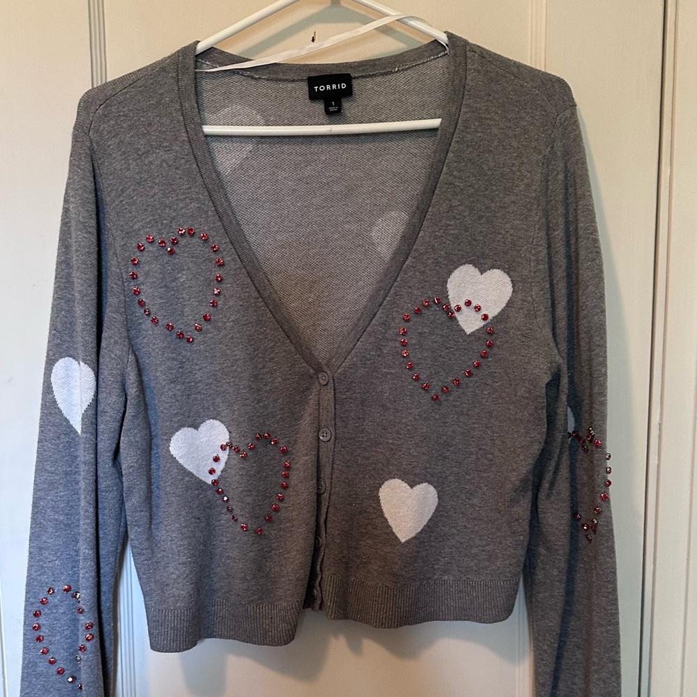 Torrid Grey Long Sleeve Hearts Cropped Cardigan with Rhinestone Hearts Detail